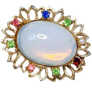 VTG Kitschy 1960s White Glass Opalite Brooch w/ Uranium and Colorful Rhinestones